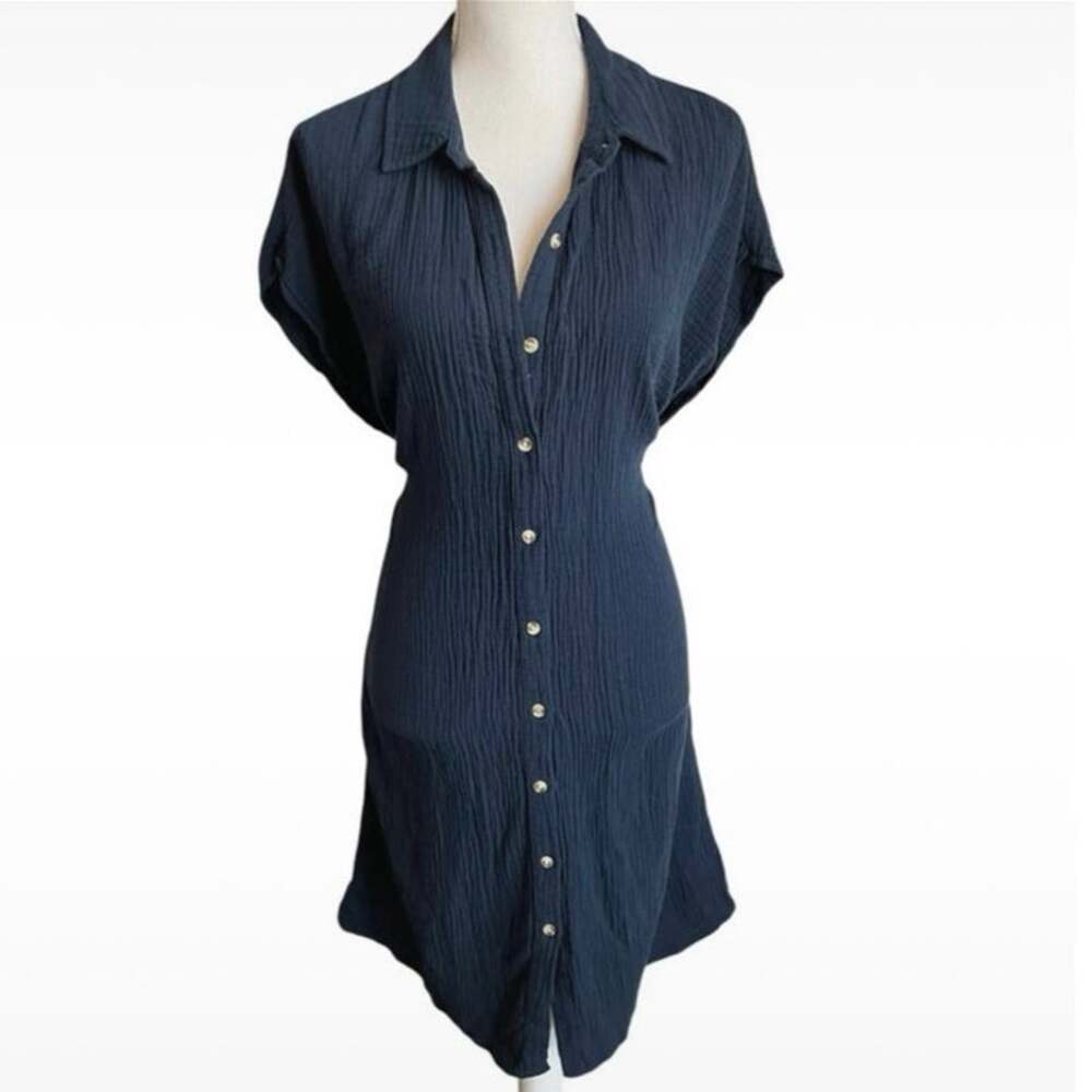 Style & Co. navy blue button down belted dress cotton muslin neutral casual xl